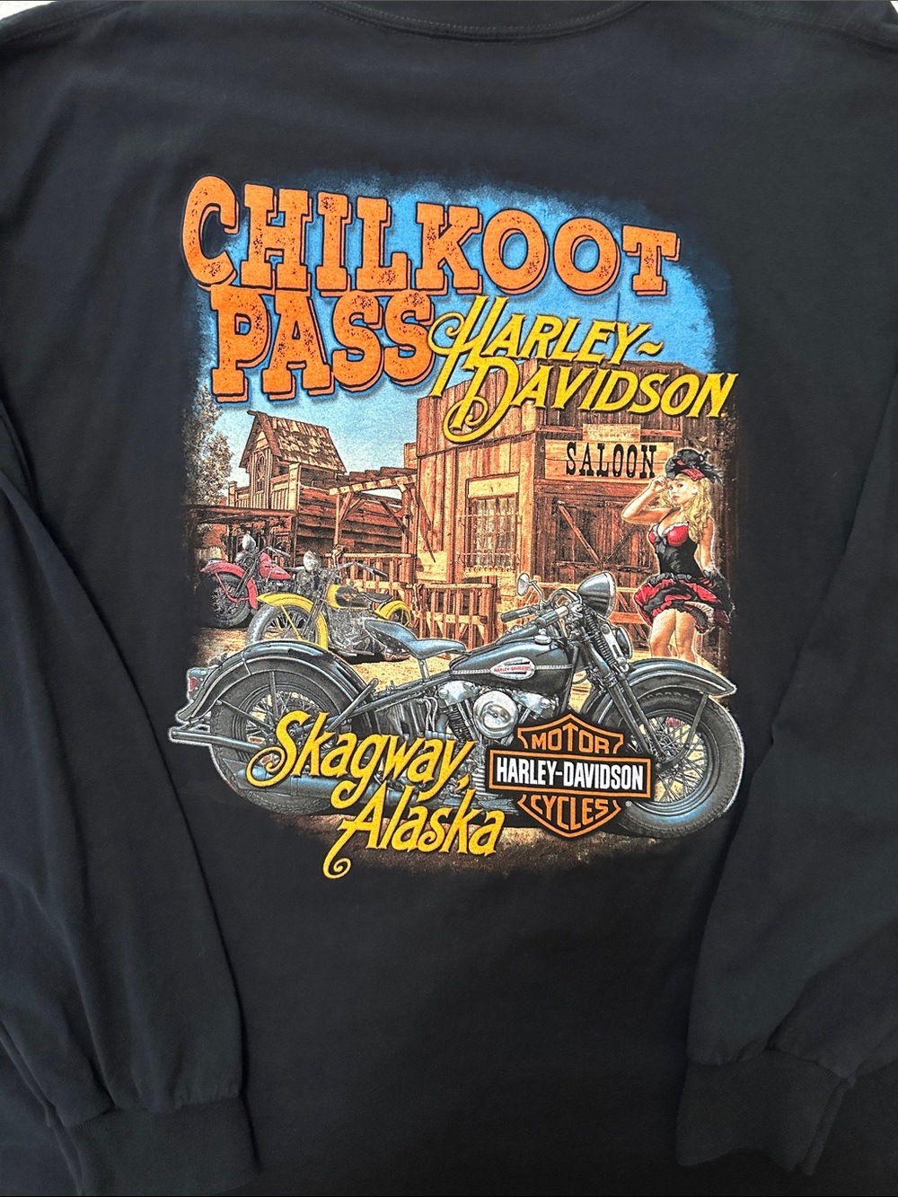 Harley-Davidson Black Sweatshirt with Orange and Blue Chilkoot Pass Graphic
